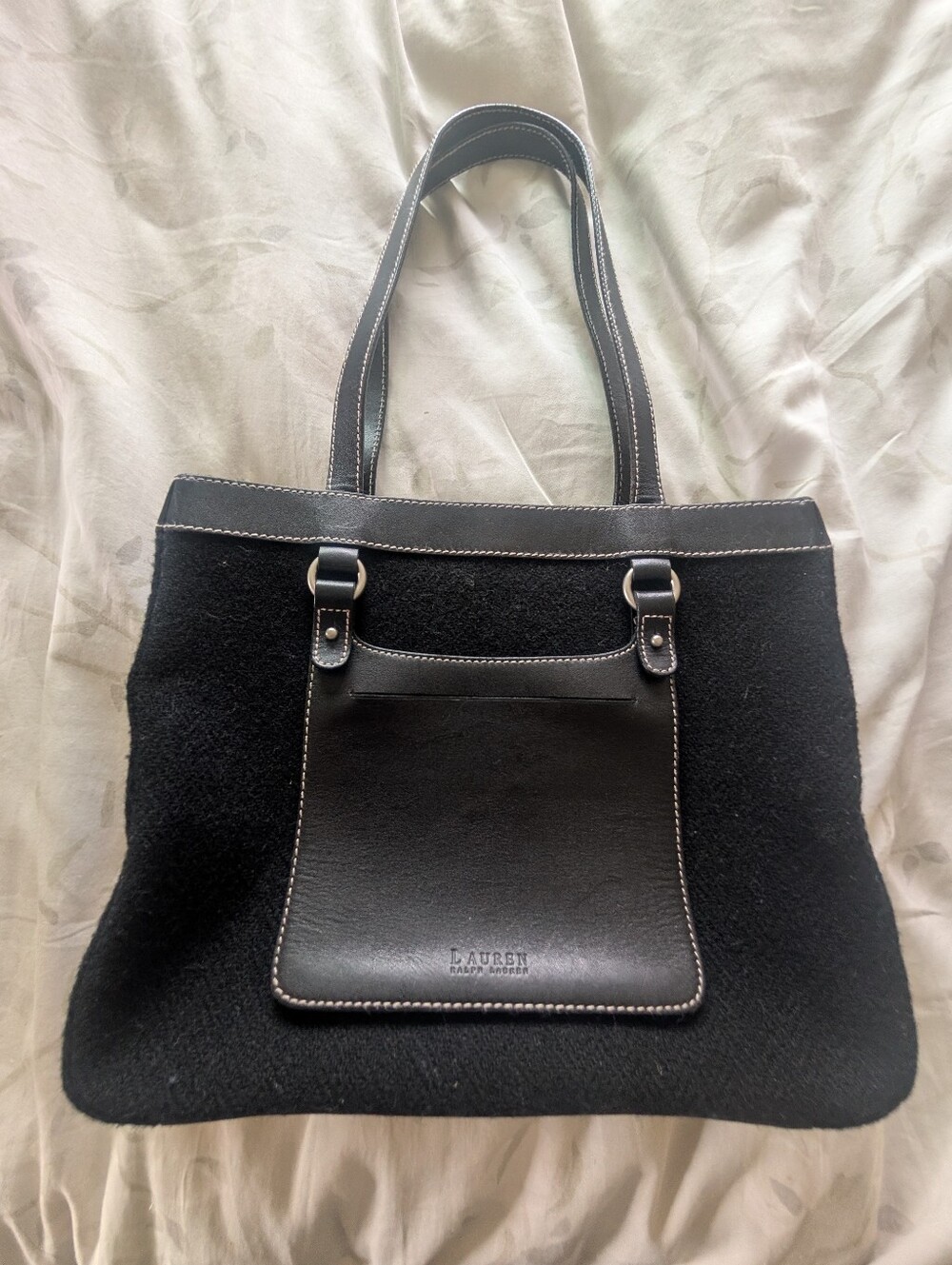 Vintage  Ralph Lauren Black Wool & Leather Front-Pocket Tote